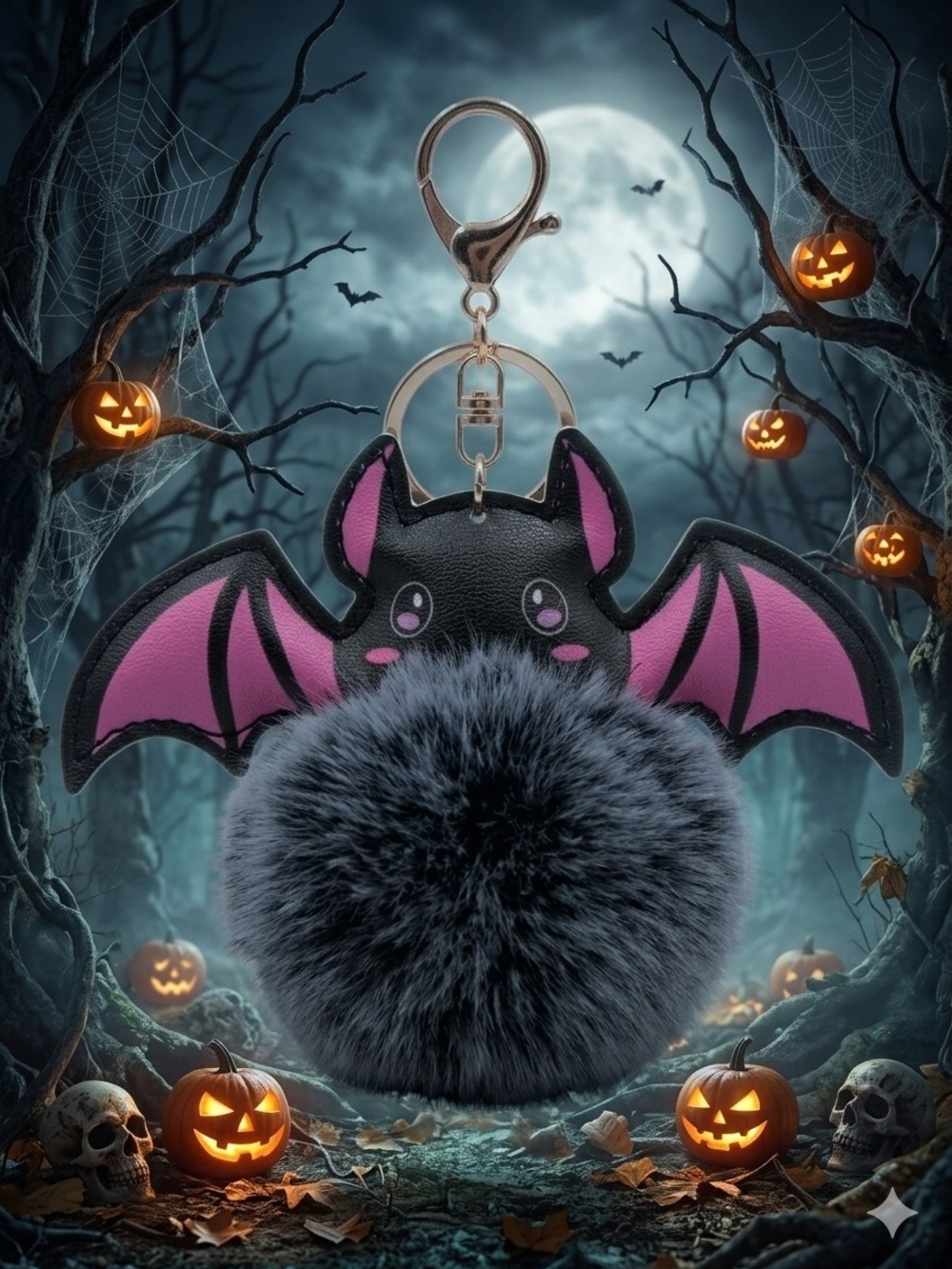 🦇Plush Bat Pom-Pom Keychain/Bag Charm Grey & Pink NWT🎃